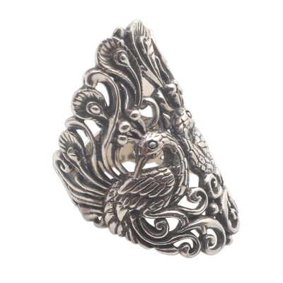 Sterling silver cocktail ring, 'Peacock Romance' - Peacock Ring in Sterling Silver