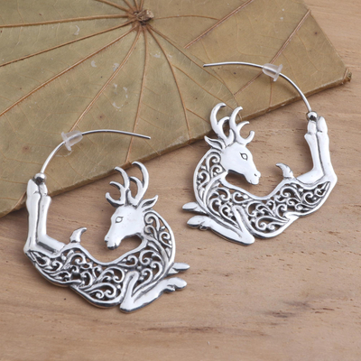Sterling silver half-hoop earrings, 'Flying Reindeer' - Half Hoop Flying Reindeer Earrings