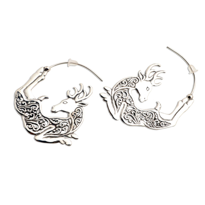 Sterling silver half-hoop earrings, 'Flying Reindeer' - Half Hoop Flying Reindeer Earrings