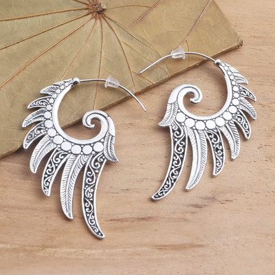 Sterling silver half-hoop earrings, 'Feathered Garland' - Feather Motif Sterling Silver Half-Hoop Earrings