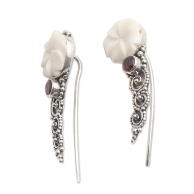 Garnet ear climber earrings, 'White Jepun' - Sterling Silver and Garnet Climber Earrings