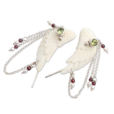 Multi-gemstone ear climber earrings, 'Taking Wing' - Wing Ear Climbers with Peridot and Garnet