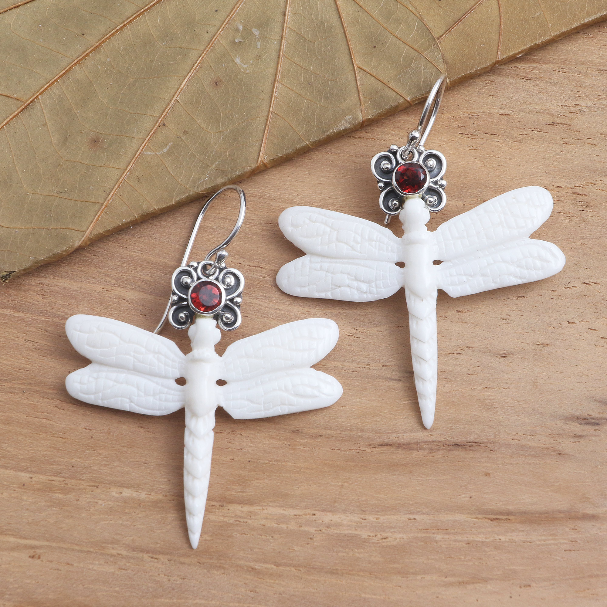 Sterling silver dragonfly earrings with garnet 