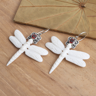 Garnet dangle earrings, 'Dragonfly Crown' - Dragonfly Dangle Earrings with Garnet