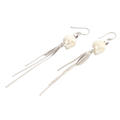 Garnet dangle earrings, 'Skull Talisman' - Long Garnet Dangle Earrings with Skull Motif