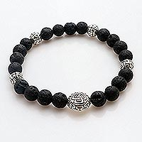 Sterling silver lava stone unity bracelet, 'Unity Triangle' - Balinese Black Lava Stone Unity Bracelet with Silver 925