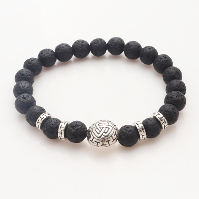Sterling silver lava stone unity bracelet, 'Three Together' - Balinese Unity Bracelet of Black Lava Stone with Silver 925