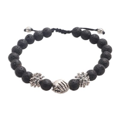 Sterling silver lava stone unity bracelet, 'Helping Hands Together' - Balinese Sterling Silver Black Lava Stone Unity Bracelet