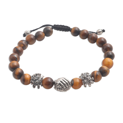 Tiger's eye unity bracelet, 'Helping Hands Together' - Balinese Tiger's Eye Sterling Silver Unity Bracelet
