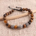 Tiger's eye unity bracelet, 'Helping Hands Together' - Balinese Tiger's Eye Sterling Silver Unity Bracelet