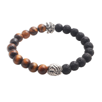 Tiger's eye and lava stone unity bracelet, 'Helping Hands Together' - Bali Sterling Silver Tiger's Eye Lava Stone Unity Bracelet
