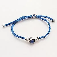 Pulsera de unidad de plata de primera ley y ágata azul, 'Apretón de manos de plata azul' - Pulsera de unidad de ágata azul de Bali y cordón de plata de ley