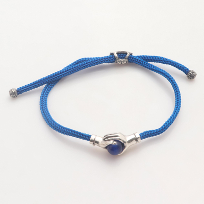 Sterling silver and blue agate unity bracelet, 'Blue Silver Handshake' - Bali Blue Agate and Sterling Silver Cord Unity Bracelet