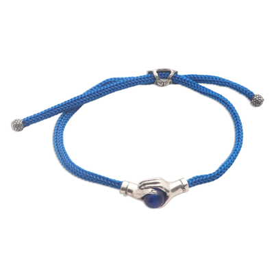 Sterling silver and blue agate unity bracelet, 'Blue Silver Handshake' - Bali Blue Agate and Sterling Silver Cord Unity Bracelet