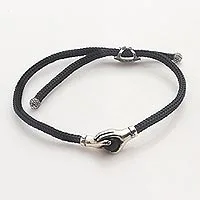 Sterling silver and obsidian unity bracelet, 'Silver Handshake' - Bali Obsidian and Sterling Silver Cord Unity Bracelet