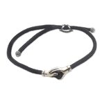 Sterling Silver and obsidian unity bracelet, 'Silver Handshake' - Bali Obsidian and Sterling Silver Cord Unity Bracelet