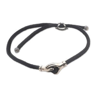 Bali Obsidian and Sterling Silver Cord Unity Bracelet - Silver ...