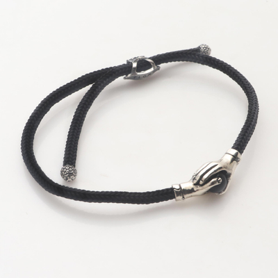 Sterling silver and obsidian unity bracelet, 'Silver Handshake' - Bali Obsidian and Sterling Silver Cord Unity Bracelet