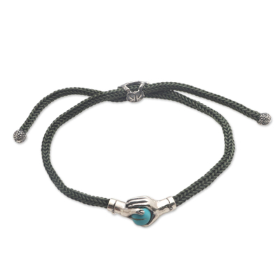Sterling silver unity bracelet, 'Silver Blue Handshake' - Bali Silver & Reconstituted Turquoise Cord Unity Bracelet