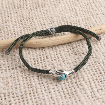 Sterling silver unity bracelet, 'Silver Blue Handshake' - Bali Silver & Reconstituted Turquoise Cord Unity Bracelet