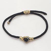 Brass and black agate unity bracelet, 'Golden Handshake' - Bali Brass and Black Agate Cord Unity Bracelet