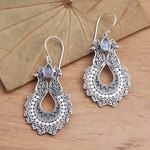 Rainbow moonstone dangle earrings, 'Sky's Heart' - Sterling Silver Dangle Earrings with Rainbow Moonstone