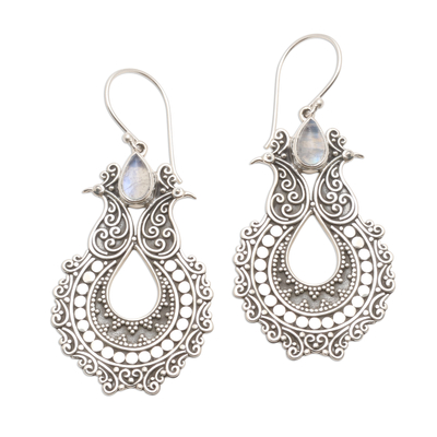 Rainbow moonstone dangle earrings, 'Sky's Heart' - Sterling Silver Dangle Earrings with Rainbow Moonstone