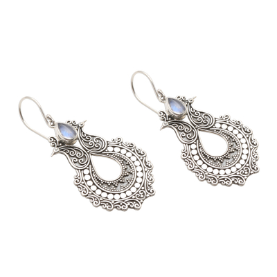 Rainbow moonstone dangle earrings, 'Sky's Heart' - Sterling Silver Dangle Earrings with Rainbow Moonstone