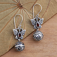 Garnet dangle earrings, 'Butterfly Bell' - Garnet and Sterling Silver Butterfly Dangle Earrings
