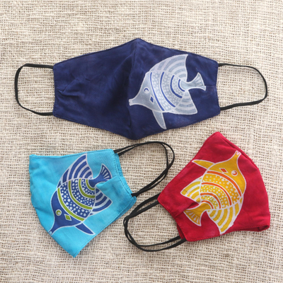 Mascarillas de rayón batik, (juego de 3) - 3 máscaras faciales de 2 capas de algodón y rayón batik hechas a mano