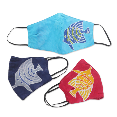 Rayon-Batik-Gesichtsmasken, (3er-Set) - 3 handgefertigte 2-lagige Gesichtsmasken aus Rayon-Batik-Fisch-Baumwolle