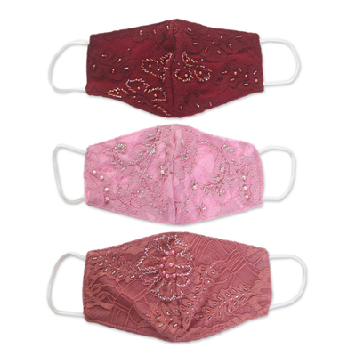 Beaded rayon lace face masks, 'Island Elegance' (set of 3) - 3 Beaded Lace Embroidered Contoured Face Masks