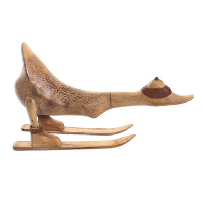 Wood statuette, 'Downhill Duck in Natural' - Skiing Duck Bamboo and Acacia Wood Statuette