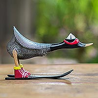 Wood statuette, 'Downhill Duck in Black' - Hand Painted Wood Skiing Duck Statuette