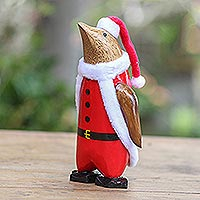 Holzstatuette, „Pinguin-Weihnachtsmann“ – handbemalte Bambuswurzel-Statuette des Weihnachtsmannpinguins
