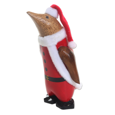 Wood statuette, 'Penguin Santa' - Santa Penguin Hand Painted Bamboo Root Statuette
