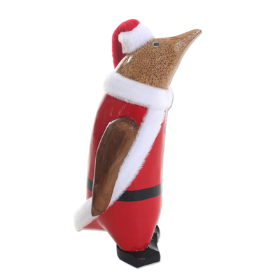 Holzstatuette - Weihnachtsmann-Pinguin handbemalte Bambuswurzel-Statuette