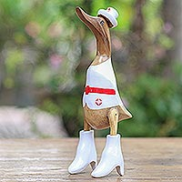 Wood sculpture, 'Nurse Duck' - Nurse Duck Sculpture Hand Carved from Bamboo and Acacia