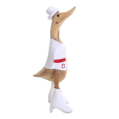 Wood sculpture, 'Nurse Duck' - Nurse Duck Sculpture Hand Carved from Bamboo and Acacia