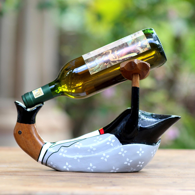 Wood bottle holder, 'Gentleman's Choice' - Charming and Dapper Duck Wood Bottle Holder