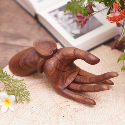 Signed Wood Sculpture of Heart in Hands, 'Giving Love