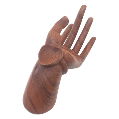 Escultura de madera, 'Hand Giving Love' - Escultura de madera tallada a mano en Bali