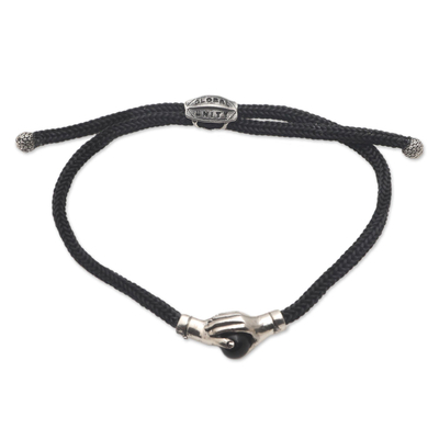 Sterling silver and black agate unity bracelet, 'Silver Handshake' - Bali Black Agate and Sterling Silver Cord Unity Bracelet
