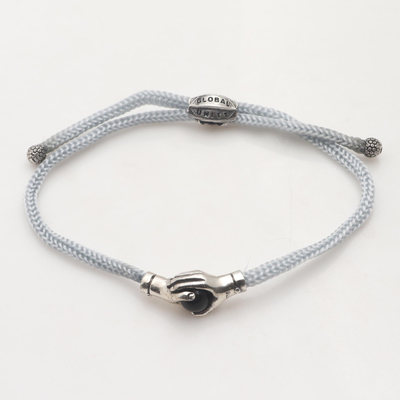 Sterling silver and black agate unity bracelet, 'Silver Grey Handshake' - Bali Black Agate & Sterling Silver Grey Cord Unity Bracelet