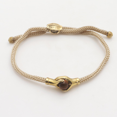 Brass and tiger's eye unity bracelet, 'Golden Handshake' - Bali Brass and Tiger's Eye Beige Cord Unity Bracelet