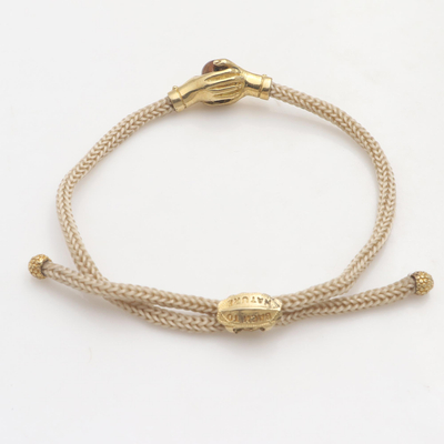 Brass and tiger's eye unity bracelet, 'Golden Handshake' - Bali Brass and Tiger's Eye Beige Cord Unity Bracelet