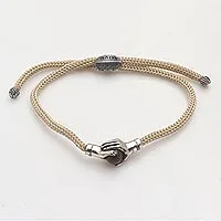 Pulsera de unidad de plata de ley y ojo de tigre, 'Apretón de manos beige plateado' - Pulsera de unidad de ojo de tigre de Bali y cordón beige de plata de ley