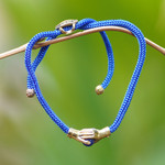 Brass and blue agate unity bracelet, 'Golden Hands' - Adjustable Unity Bracelet