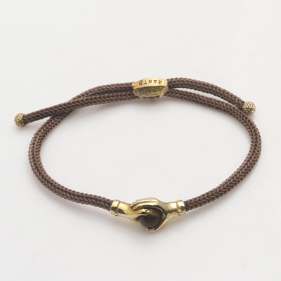 Brass and tiger's eye unity bracelet, 'Golden Brown Handshake' - Bali Brass and Tiger's Eye Brown Cord Unity Bracelet