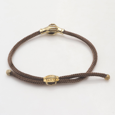 Brass and tiger's eye unity bracelet, 'Golden Brown Handshake' - Bali Brass and Tiger's Eye Brown Cord Unity Bracelet